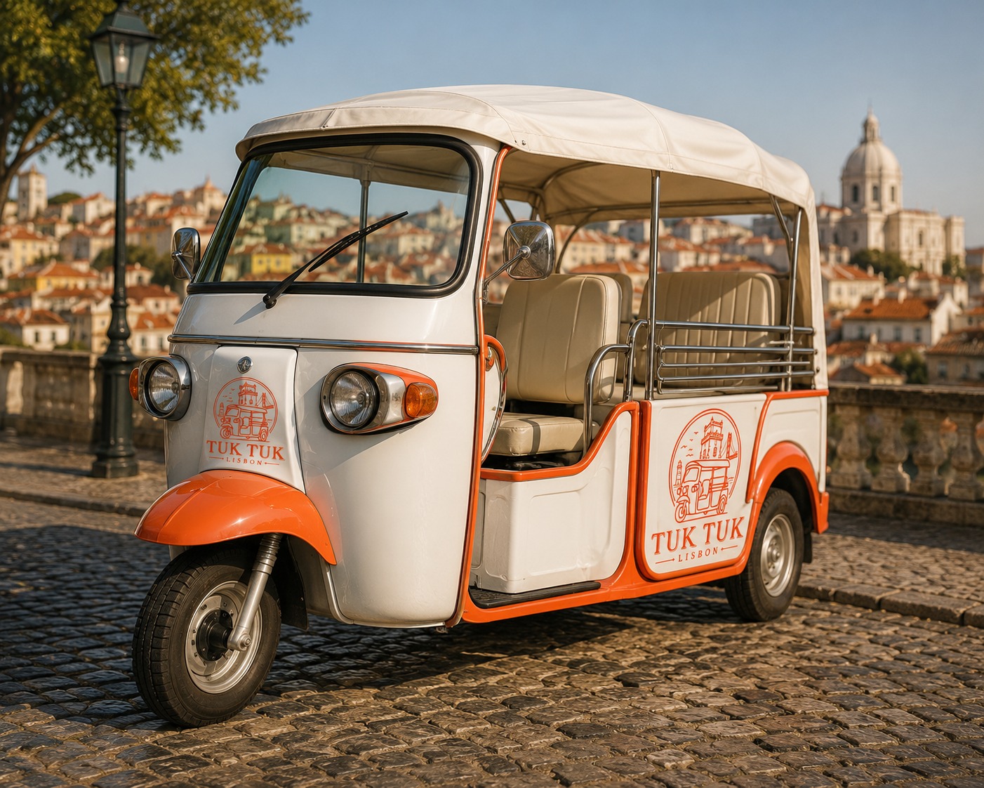 Tuk Tuk Lisbon tour vehicle on a cobblestone street